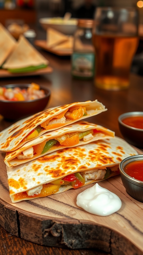 Toaster quesadilla sliced into wedges with melted cheese and colorful fillings, served with salsa and sour cream.
